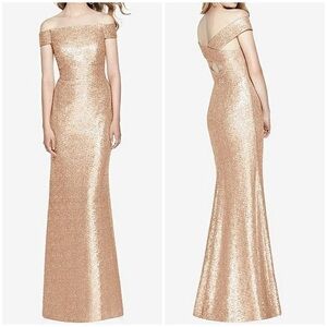 NWT Dessy Collection Off The Shoulder Sequin Trumpet Gown Dress Rose Gold 3011